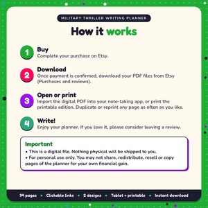 How it works: buy, download the PDF files from Etsy, open in your note-taking app or print. Digital file for personal use, nothing is shipped