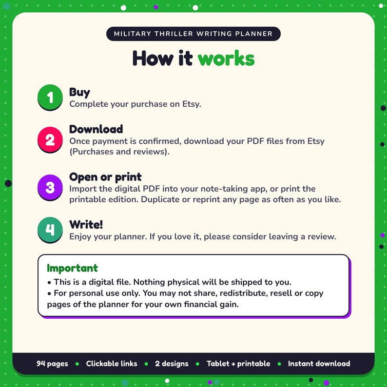 How it works: buy, download the PDF files from Etsy, open in your note-taking app or print. Digital file for personal use, nothing is shipped