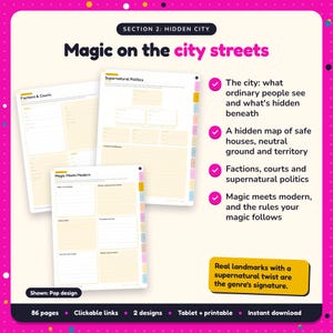 Magic on the city streets: Urban Fantasy Writing Planner pages. The city: what ordinary people see and what's hidden beneath; A hidden map of safe houses, neutral ground and territory; Factions, courts and supernatural politics