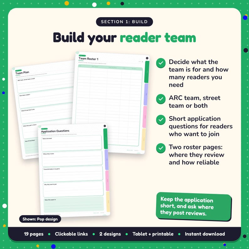 Build your reader team: ARC & Street Team Planner pages. Decide what the team is for and how many readers you need; ARC team, street team or both; Short application questions for readers who want to join