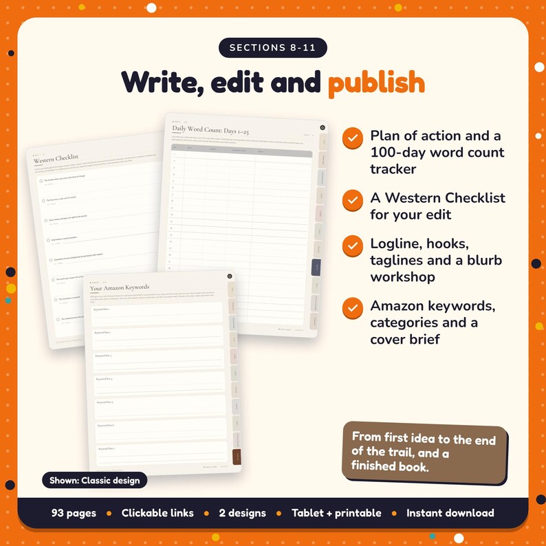 Write, edit and publish: Western Writing Planner pages. Plan of action and a 100-day word count tracker; A Western Checklist for your edit; Logline, hooks, taglines and a blurb workshop
