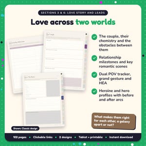 Love across two worlds: Sci-Fi & Monster Romance Writing Planner pages. The couple, their chemistry and the obstacles between them; Relationship milestones and key romantic scenes; Dual POV tracker, grand gesture and HEA