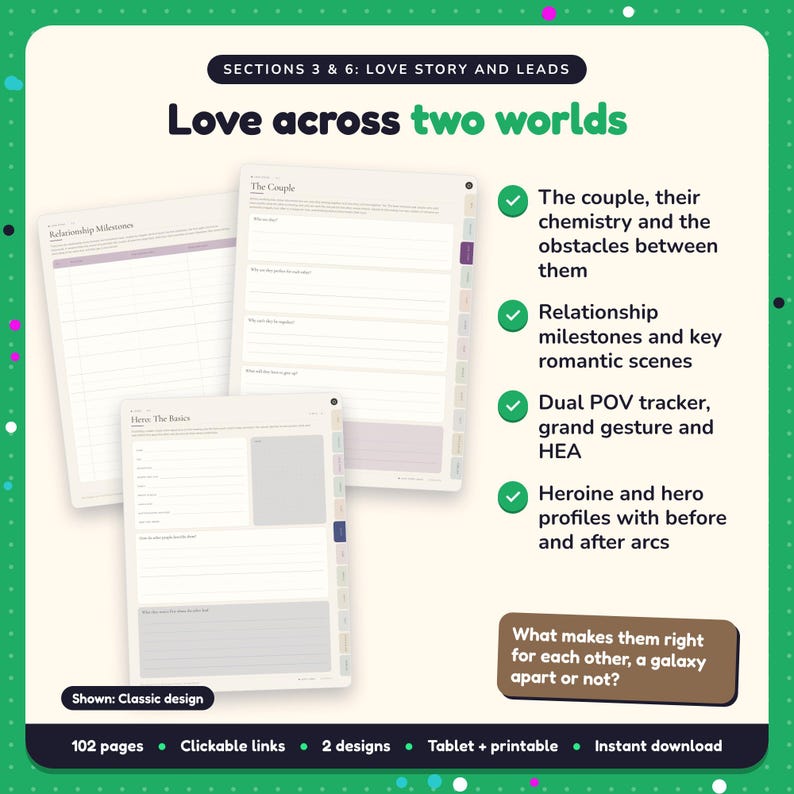 Love across two worlds: Sci-Fi & Monster Romance Writing Planner pages. The couple, their chemistry and the obstacles between them; Relationship milestones and key romantic scenes; Dual POV tracker, grand gesture and HEA