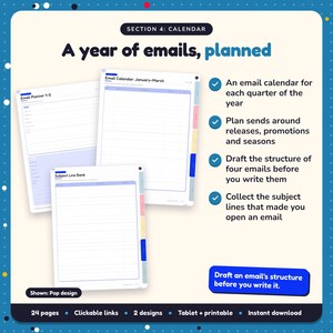 A year of emails, planned: Author Newsletter Planner pages. An email calendar for each quarter of the year; Plan sends around releases, promotions and seasons; Draft the structure of four emails before you write them