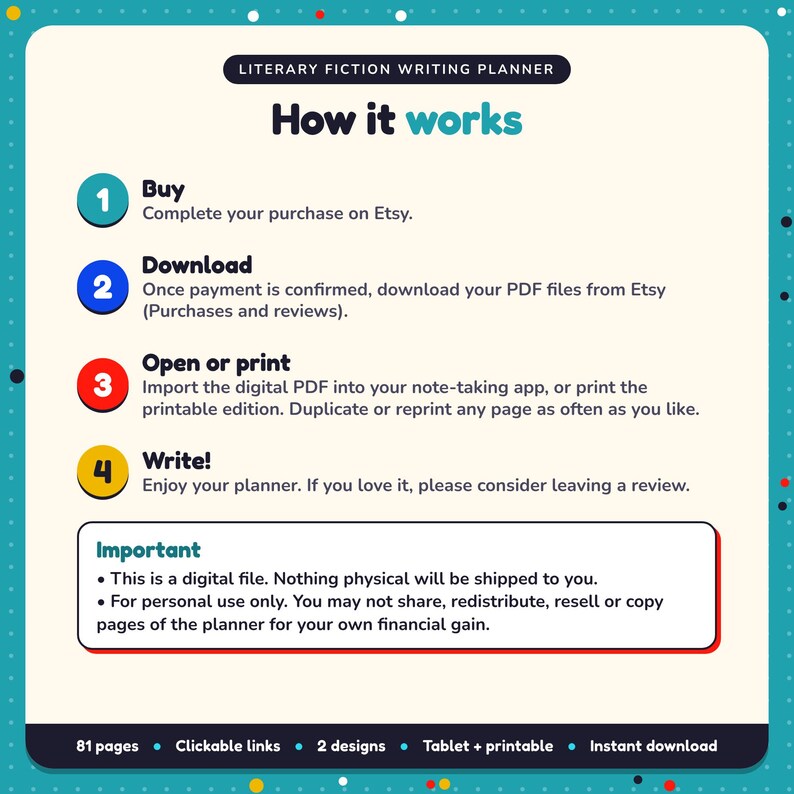 How it works: buy, download the PDF files from Etsy, open in your note-taking app or print. Digital file for personal use, nothing is shipped
