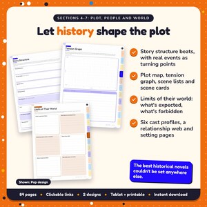 Let history shape the plot: Historical Fiction Writing Planner pages. Story structure beats, with real events as turning points; Plot map, tension graph, scene lists and scene cards; Limits of their world: what's expected, what's forbidden