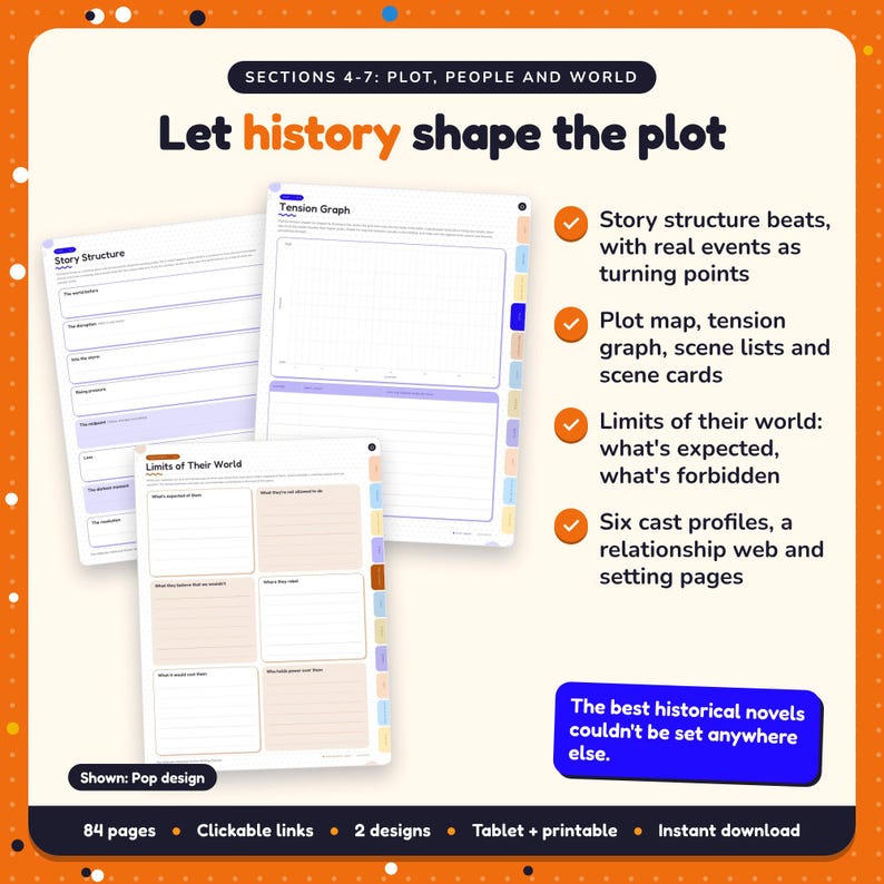 Let history shape the plot: Historical Fiction Writing Planner pages. Story structure beats, with real events as turning points; Plot map, tension graph, scene lists and scene cards; Limits of their world: what's expected, what's forbidden