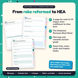 From rake reformed to HEA: Regency & Historical Romance Writing Planner pages. A page for each of 10 tropes, from wallflower to slow burn; The Historical Romance Beat Sheet; Plot map and romantic tension graph
