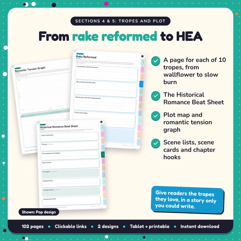 From rake reformed to HEA: Regency & Historical Romance Writing Planner pages. A page for each of 10 tropes, from wallflower to slow burn; The Historical Romance Beat Sheet; Plot map and romantic tension graph
