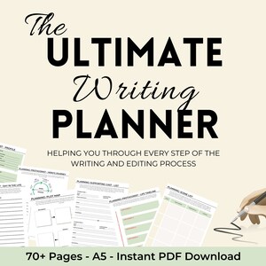 Op de afbeelding: De ultieme schrijfplanner, een zwart-witte printbare planner met meer dan 70 pagina's, ontworpen om schrijvers te helpen bij elke stap van het schrijf- en bewerkingsproces. De planner bevat secties voor het plannen van de protagonist, de plotmap, de ondersteunende cast, de scènelijst en meer.