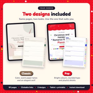 Two designs included with the Christmas & Holiday Romance Writing Planner: Classic and Pop