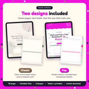 Two designs included with the Myth & Fairy-Tale Retelling Writing Planner: Classic and Pop