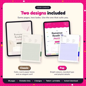 Two designs included with the Romance Reading Journal: Classic and Pop