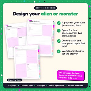 Design your alien or monster: Sci-Fi & Monster Romance Writing Planner pages. A page for your alien (or monster) hero; Space for four species across two profile pages; Culture clash and how your couple first meet