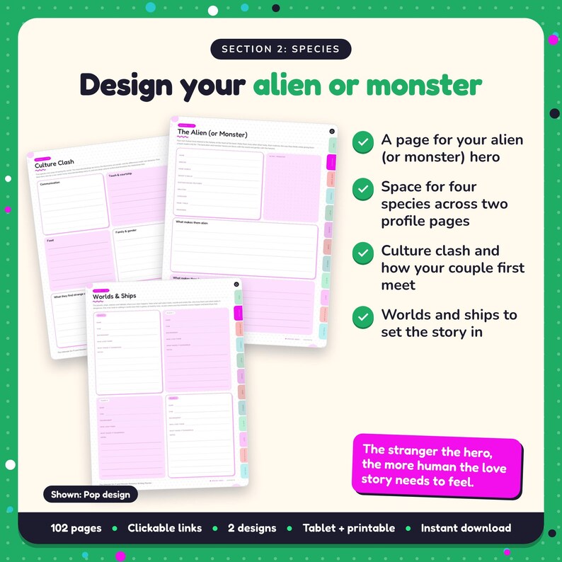 Design your alien or monster: Sci-Fi & Monster Romance Writing Planner pages. A page for your alien (or monster) hero; Space for four species across two profile pages; Culture clash and how your couple first meet