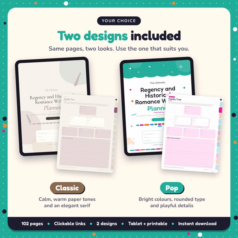 Two designs included with the Regency & Historical Romance Writing Planner: Classic and Pop