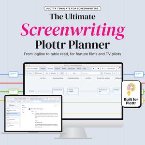 May include: A digital screenwriting planner template featuring the text Plottr Template for Screenwriters, The Ultimate Screenwriting Plottr Planner, and From logline to table read, for feature films and TV pilots. Includes a computer monitor and laptop displaying software interfaces with a timeline and notes, plus a small square icon with a colorful P logo and the text Built for Plottr.