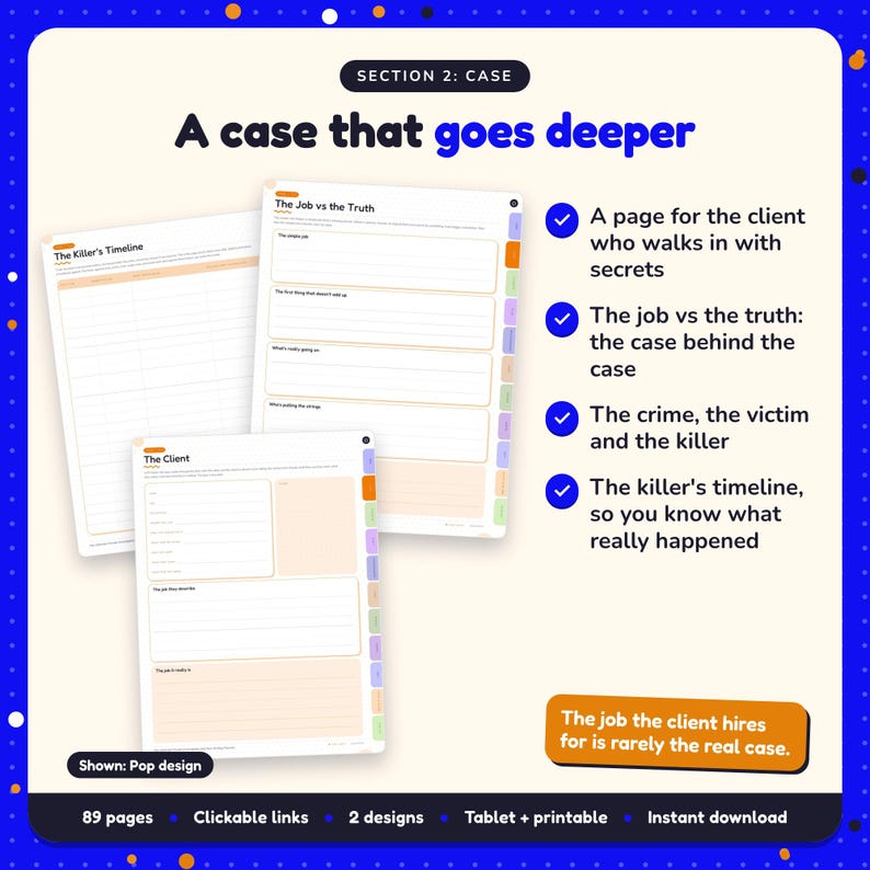 A case that goes deeper: Private Investigator & Noir Writing Planner pages. A page for the client who walks in with secrets; The job vs the truth: the case behind the case; The crime, the victim and the killer
