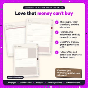 Love that money can't buy: Billionaire Romance Writing Planner pages. The couple, their chemistry and the obstacles; Relationship milestones and key romantic scenes; Dual POV tracker, grand gesture and HEA