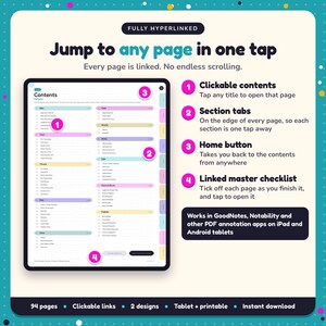 Hyperlinked contents page of the Techno-Thriller Writing Planner, with clickable contents, section tabs, home button and linked master checklist for GoodNotes and Notability