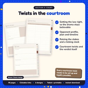 Twists in the courtroom: Legal Thriller Writing Planner pages. Getting the law right, so the drama stays believable; Opponent profile, plan and timeline; Raising the stakes and a ticking clock
