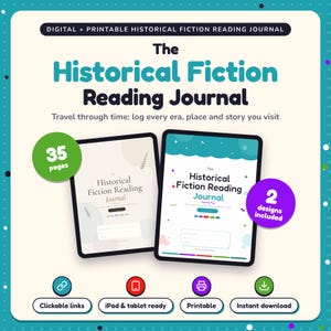 The Historical Fiction Reading Journal shown on two tablets in Classic and Pop designs: 35 pages, clickable links, iPad and tablet ready, printable, instant download