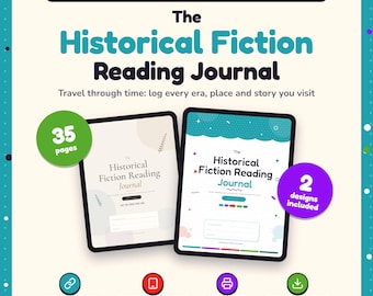 May include: A digital and printable historical fiction reading journal featuring two tablet screens displaying cover designs. Text includes The Historical Fiction Reading Journal, 35 pages, 2 designs included, clickable links, iPad and tablet ready, printable, and instant download.