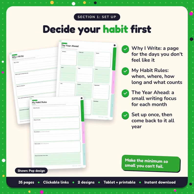 Decide your habit first: Writing Habit Journal pages. Why I Write: a page for the days you don't feel like it; My Habit Rules: when, where, how long and what counts; The Year Ahead: a small writing focus for each month
