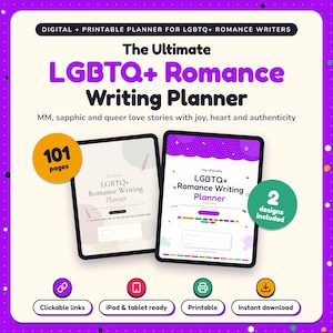 The Ultimate LGBTQ+ Romance Writing Planner shown on two tablets in Classic and Pop designs: 101 pages, clickable links, iPad and tablet ready, printable, instant download
