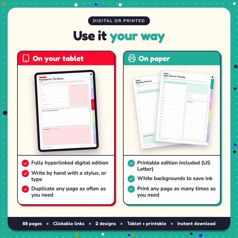 Use the Author Planner on your tablet as a hyperlinked digital planner, or print the US Letter printable edition