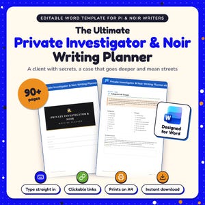 May include: An editable digital writing planner for private investigator and noir stories. The document features a title page and a subgenre and tropes page. It includes a 90+ pages badge, a Microsoft Word icon, and icons for typing, links, printing, and downloading.