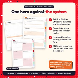 One hero against the system: Political & Conspiracy Thriller Writing Planner pages. Political Thriller Structure, plot map and tension graph; Scene lists, scene cards and chapter hooks; Hero profile: voice, history, wound and flaw