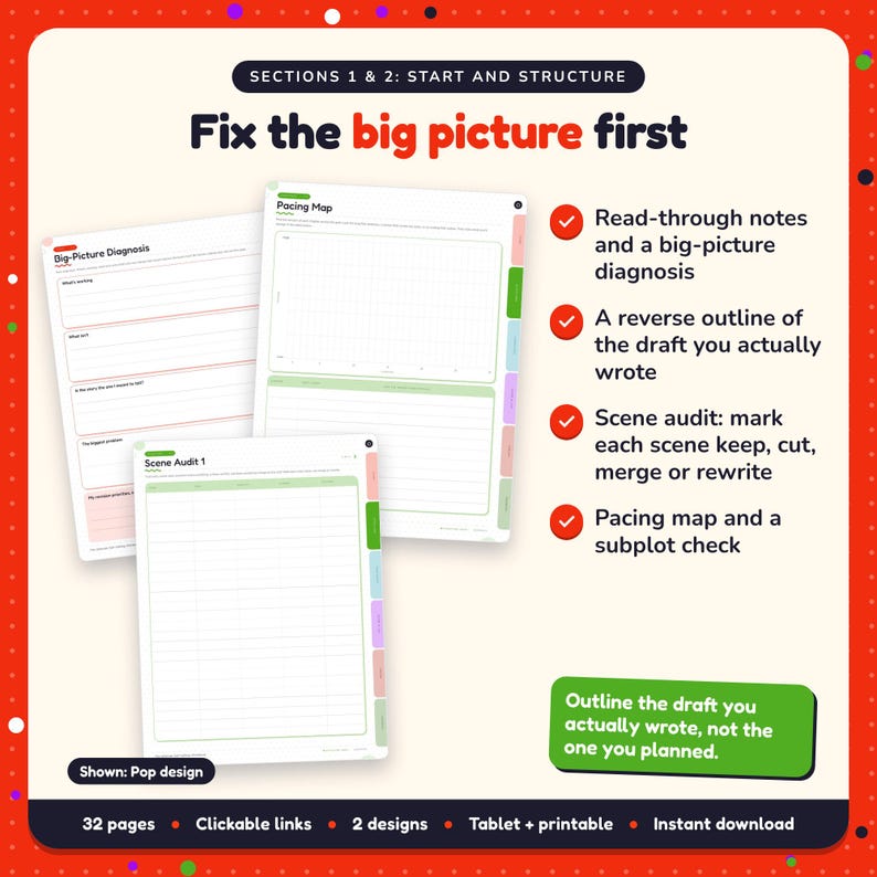 Fix the big picture first: Self-Editing Workbook pages. Read-through notes and a big-picture diagnosis; A reverse outline of the draft you actually wrote; Scene audit: mark each scene keep, cut, merge or rewrite