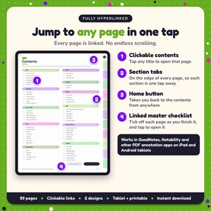 Hyperlinked contents page of the Post-Apocalyptic & Dystopian Writing Planner, with clickable contents, section tabs, home button and linked master checklist for GoodNotes and Notability