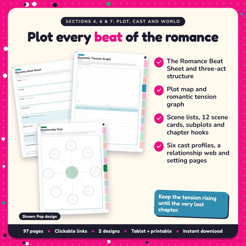 Plot every beat of the romance: Romance Writing Planner pages. The Romance Beat Sheet and three-act structure; Plot map and romantic tension graph; Scene lists, 12 scene cards, subplots and chapter hooks