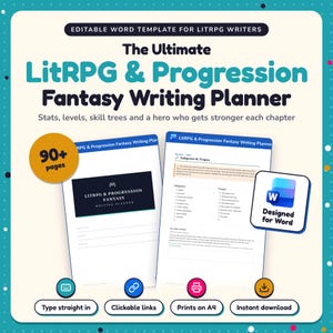 May include: An editable Word template for LitRPG and progression fantasy writers. The document features a 90+ page planner with sections for stats, levels, and skill trees. It includes a cover page and a subgenre and tropes worksheet.