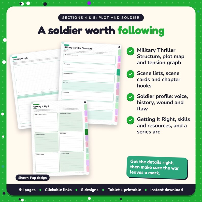 A soldier worth following: Military Thriller Writing Planner pages. Military Thriller Structure, plot map and tension graph; Scene lists, scene cards and chapter hooks; Soldier profile: voice, history, wound and flaw