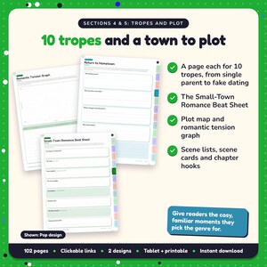 10 tropes and a town to plot: Small Town Romance Writing Planner pages. A page each for 10 tropes, from single parent to fake dating; The Small-Town Romance Beat Sheet; Plot map and romantic tension graph