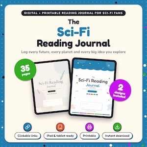 The Sci-Fi Reading Journal shown on two tablets in Classic and Pop designs: 35 pages, clickable links, iPad and tablet ready, printable, instant download