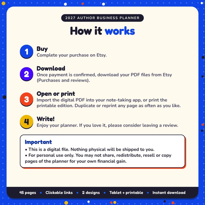 How it works: buy, download the PDF files from Etsy, open in your note-taking app or print. Digital file for personal use, nothing is shipped