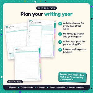 Plan your writing year: Author Planner pages. A daily planner for every day of the week; Monthly, quarterly and yearly goals; A five-year plan for your writing life