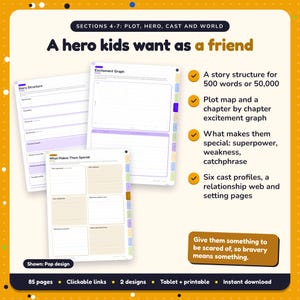 A hero kids want as a friend: Children's Book Writing Planner pages. A story structure for 500 words or 50,000; Plot map and a chapter by chapter excitement graph; What makes them special: superpower, weakness, catchphrase