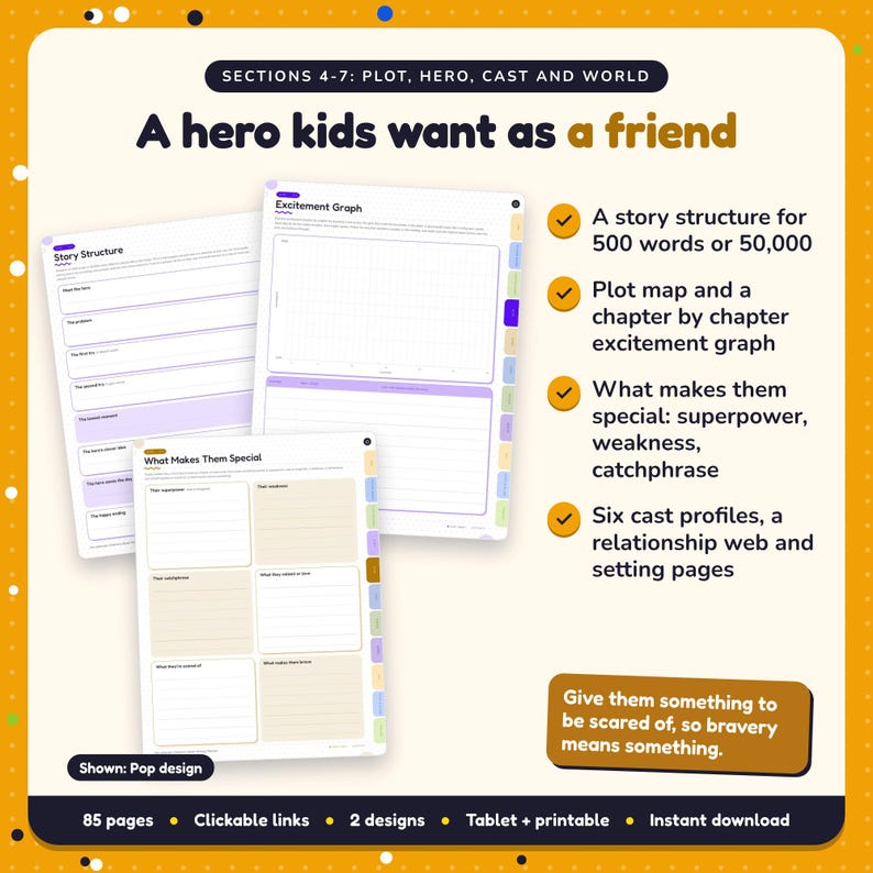 A hero kids want as a friend: Children's Book Writing Planner pages. A story structure for 500 words or 50,000; Plot map and a chapter by chapter excitement graph; What makes them special: superpower, weakness, catchphrase