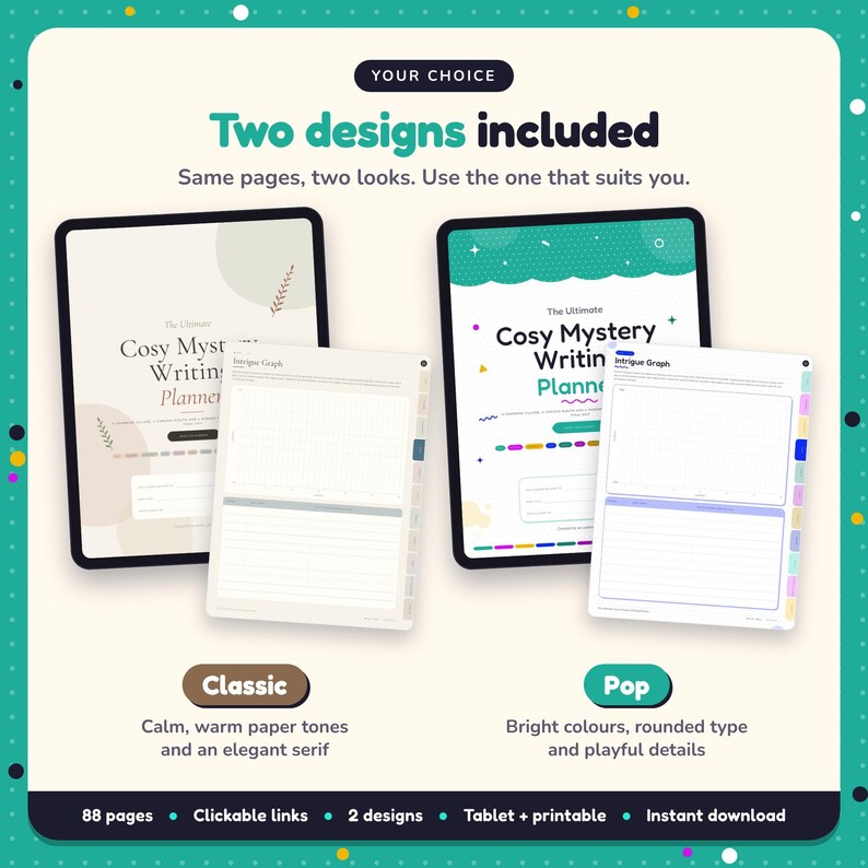 Two designs included with the Cosy Mystery Writing Planner: Classic and Pop