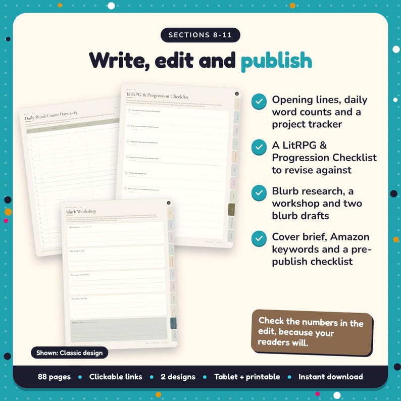 Write, edit and publish: LitRPG & Progression Fantasy Writing Planner pages. Opening lines, daily word counts and a project tracker; A LitRPG & Progression Checklist to revise against; Blurb research, a workshop and two blurb drafts