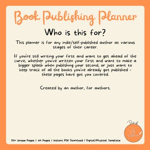 Puede incluir: Un gr&aacute;fico de color melocot&oacute;n con el texto "Book Publishing Planner" en una fuente manuscrita. El texto "Who is this for?" est&aacute; debajo del t&iacute;tulo. El texto debajo explica que este planificador es para cualquier autor independiente/autoeditado en las diversas etapas de su carrera. El texto "Created by an author, for authors." est&aacute; en la parte inferior del gr&aacute;fico. El gr&aacute;fico tambi&eacute;n incluye el texto "70+ Unique Pages / A4 Pages / Instant PDF Download / Digital/Physical Template" y un logotipo que dice "Part of Self Publishing".