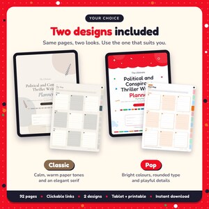 Two designs included with the Political & Conspiracy Thriller Writing Planner: Classic and Pop