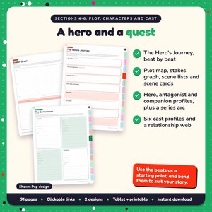 A hero and a quest: Fantasy Writing Planner pages. The Hero's Journey, beat by beat; Plot map, stakes graph, scene lists and scene cards; Hero, antagonist and companion profiles, plus a series arc