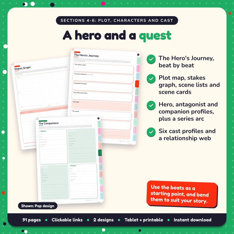 A hero and a quest: Fantasy Writing Planner pages. The Hero's Journey, beat by beat; Plot map, stakes graph, scene lists and scene cards; Hero, antagonist and companion profiles, plus a series arc