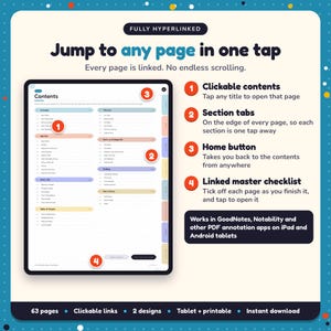 Hyperlinked contents page of the Hero Workbook, with clickable contents, section tabs, home button and linked master checklist for GoodNotes and Notability